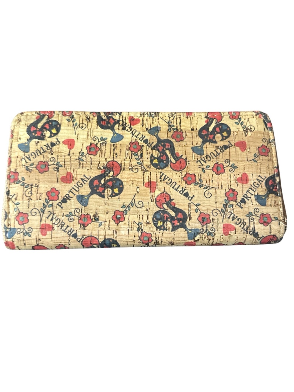 Cork Zip Card Wallet in Beige with Red and Blue Accents